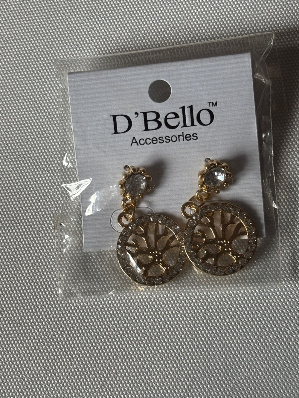 Gold Tree of Life Drop Earrings with Crystal Accents